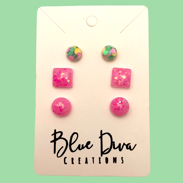 Set of 3 “Pink Pop” Resin Stud Earrings