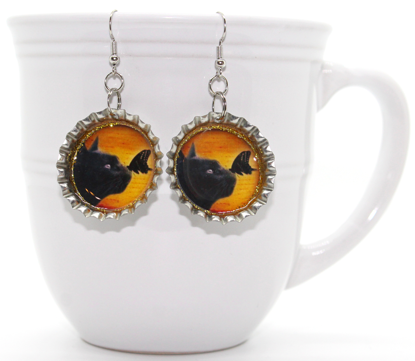 Black Cat & Butterfly Bottle Cap Earrings