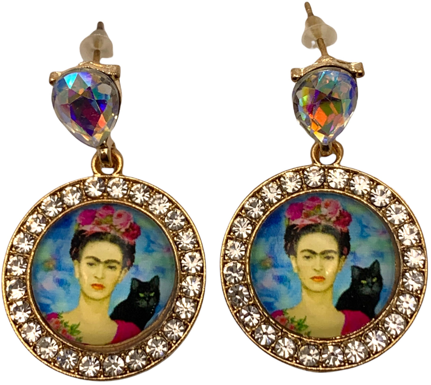 AB Crystal Round Medallion “Frida” Portrait Rhinestone Earrings