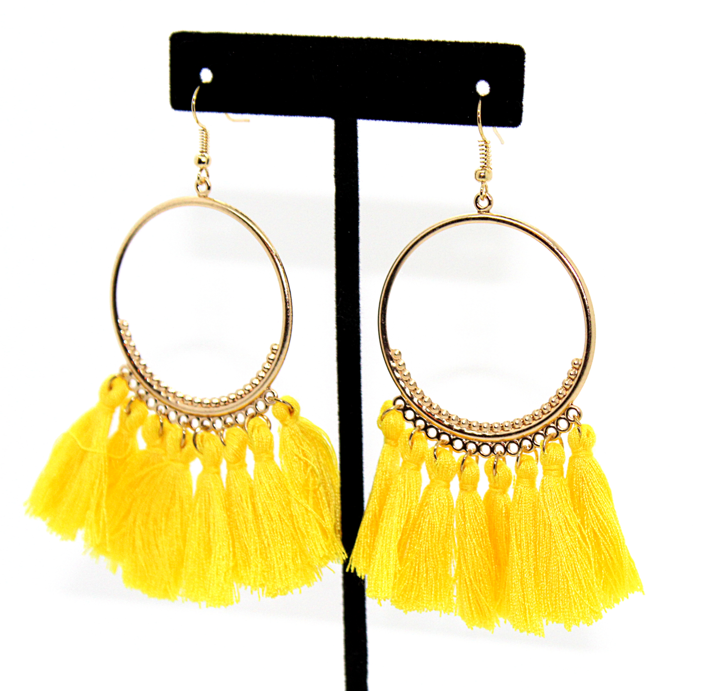 boho Yellow and gold hoop tassel earrings