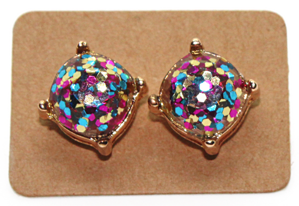 Pink Rainbow Glitter Gold Square Earrings
