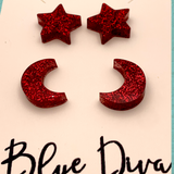 Ruby Red Moon & Stars Resin Stud Earrings
