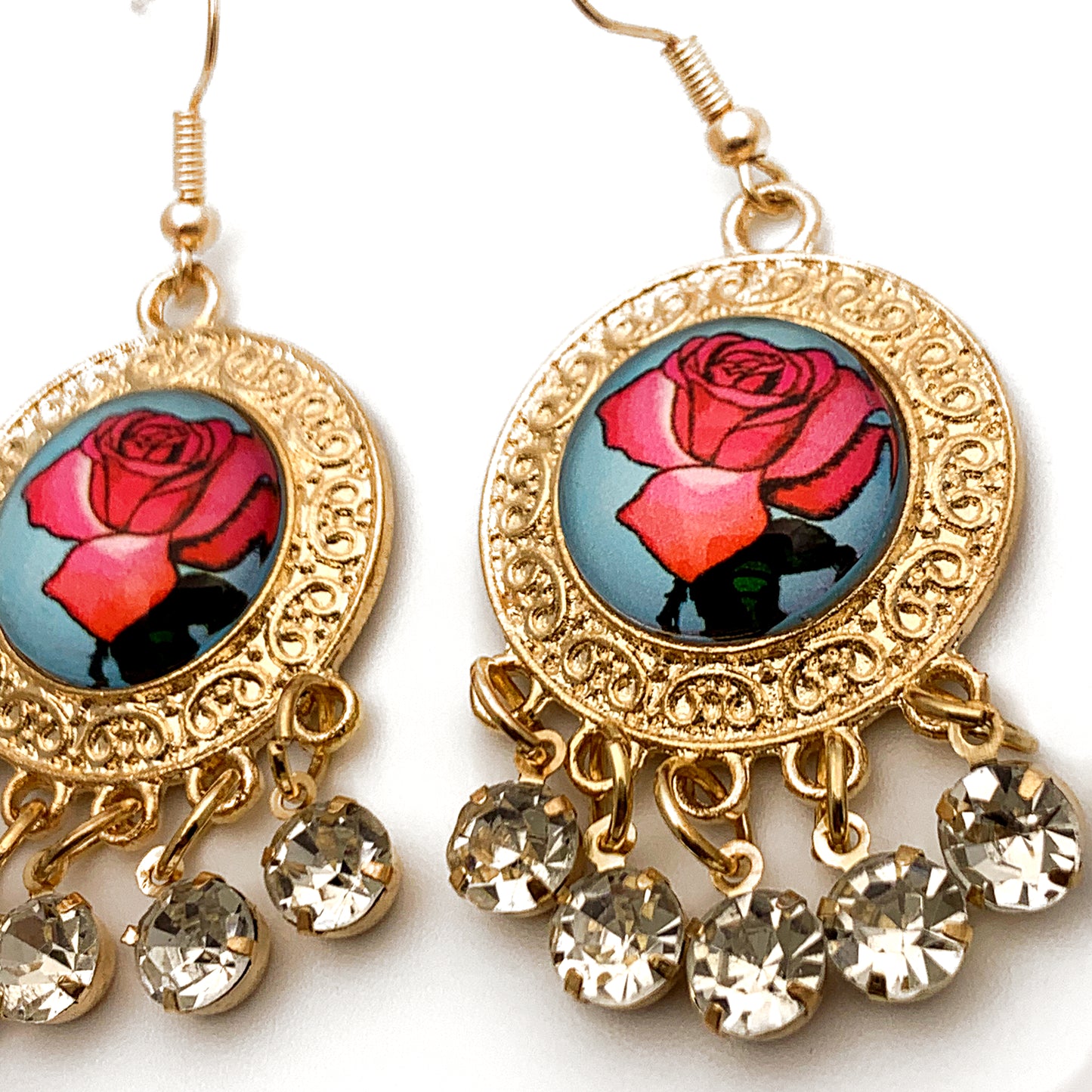 Mexican Loteria La Rosa Gold Medallion Earrings