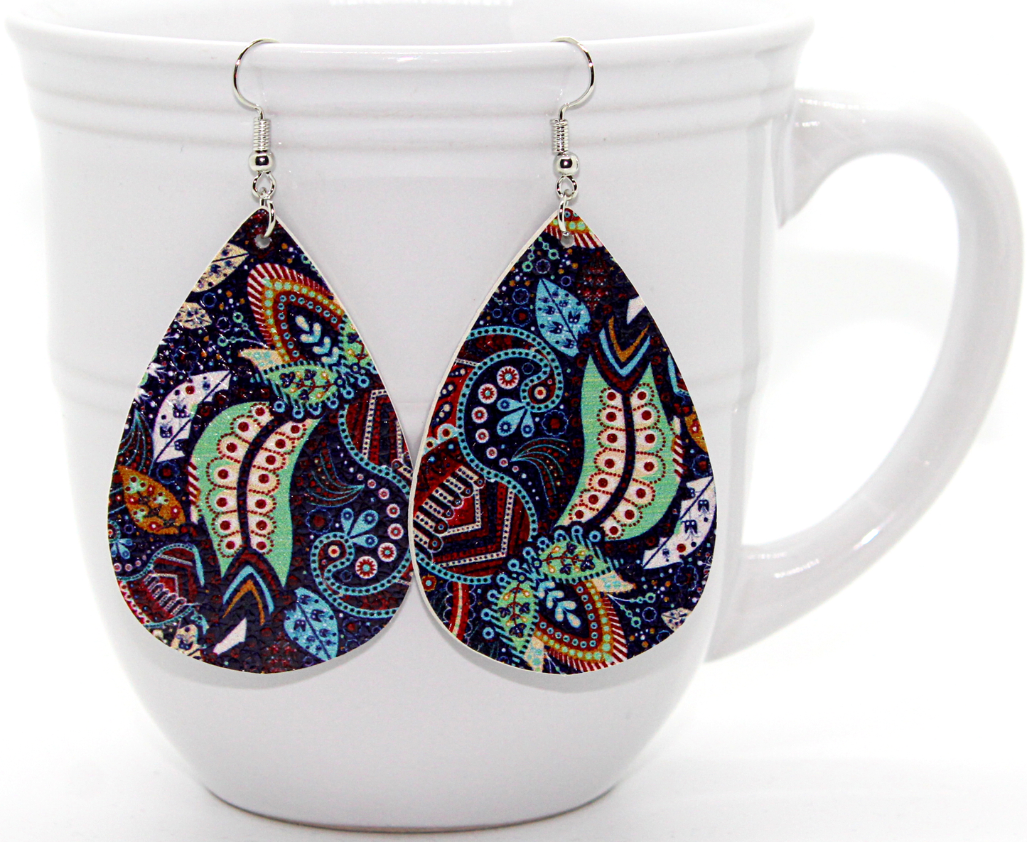 paisley print faux leather teardrop earrings