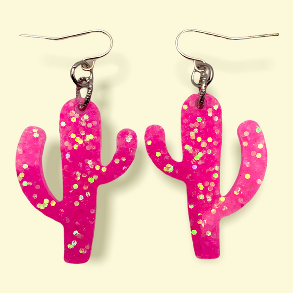 Neon Pink Cactus Resin Earrings