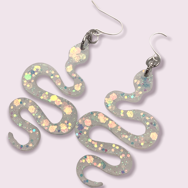 Resin Snake Earrings in Clear Holographic
