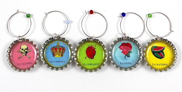 mexican loteria wine glass bottle cap charms 