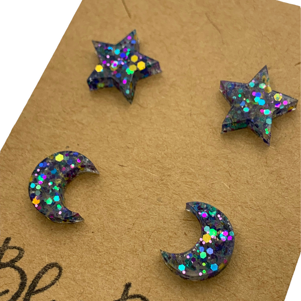 Moon & Stars Multicolor Resin Stud Earrings