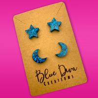 Blue Holographic Moon & Stars Resin Stud Earrings