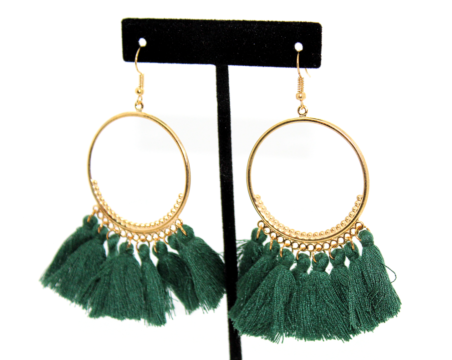 Boho Green and gold hoop tassel earrings