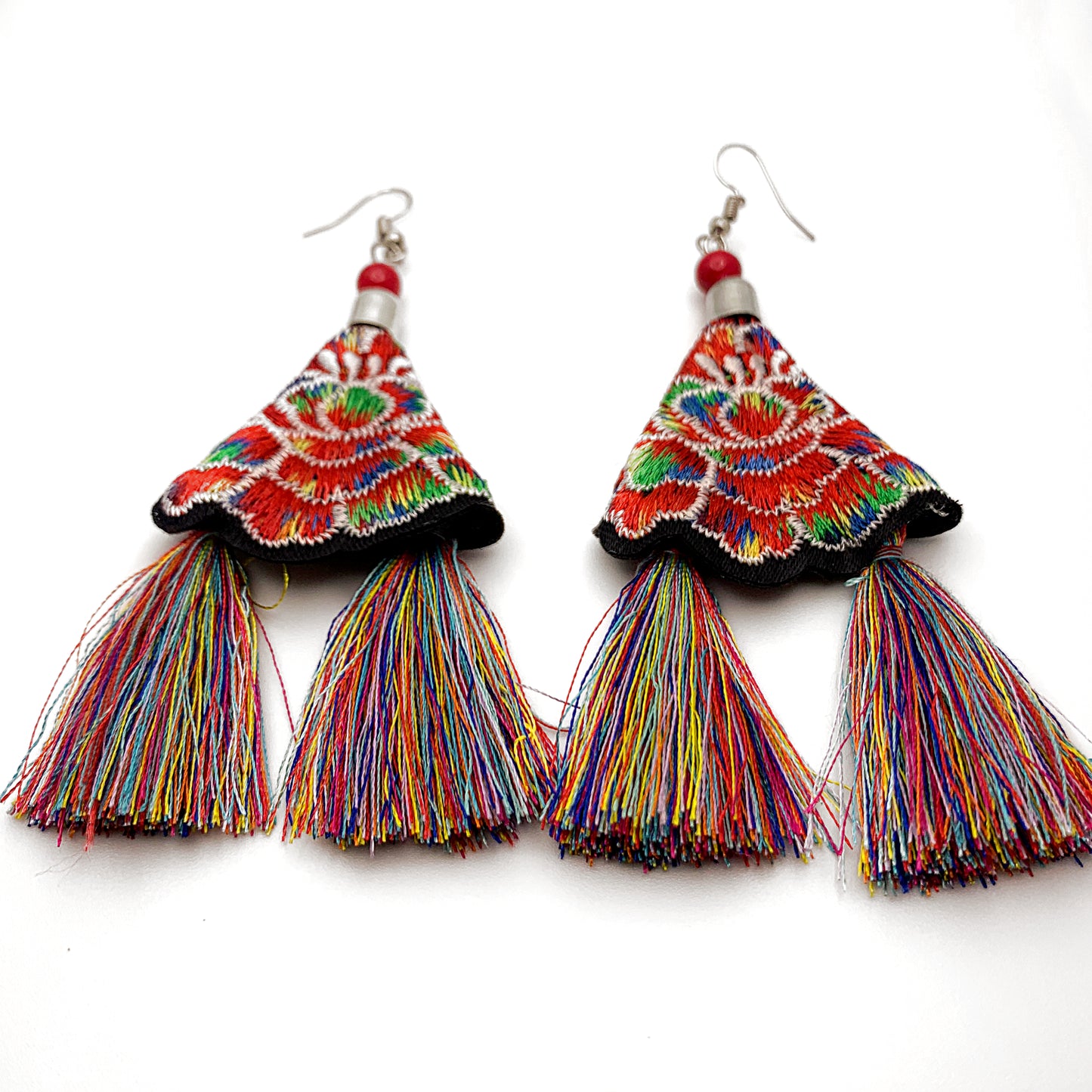 Mexican Embroidered Red Multicolored Tassel Earrings