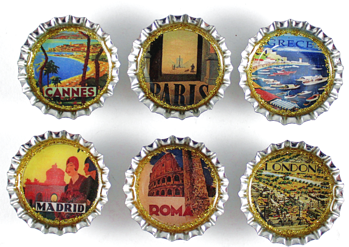 vintage Travel poster Bottle cap magnet set