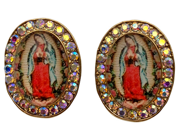 Oval “Virgen de Guadalupe” AB Rhinestone Earrings