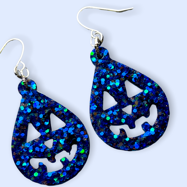 Blue Glitter Jack o’lantern  Resin Earrings