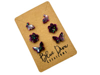 Set of 3 Purple & Black Glitter “Spring” Resin Stud Earrings