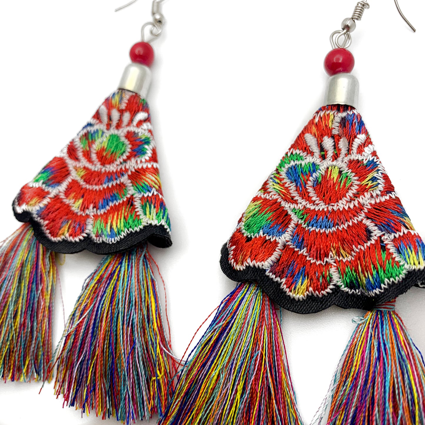 Mexican Embroidered Red Multicolored Tassel Earrings
