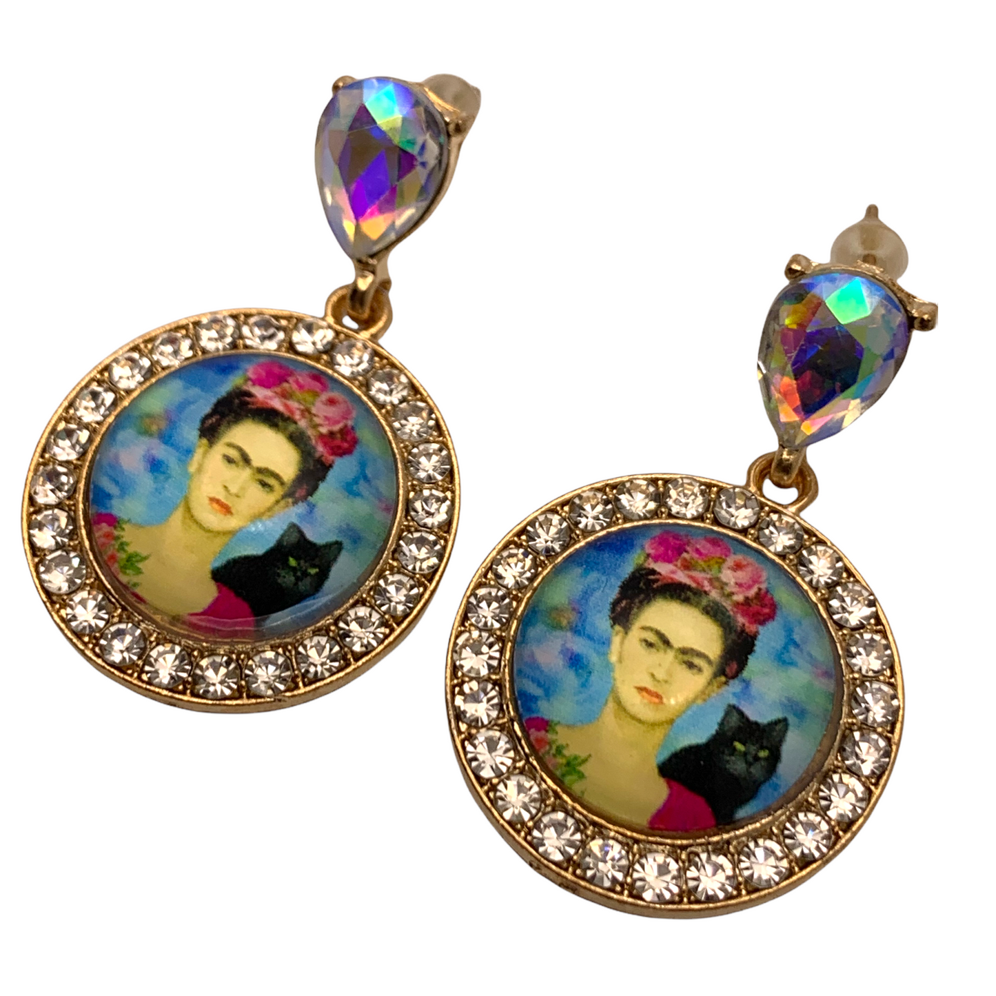 AB Crystal Round Medallion “Frida” Portrait Rhinestone Earrings