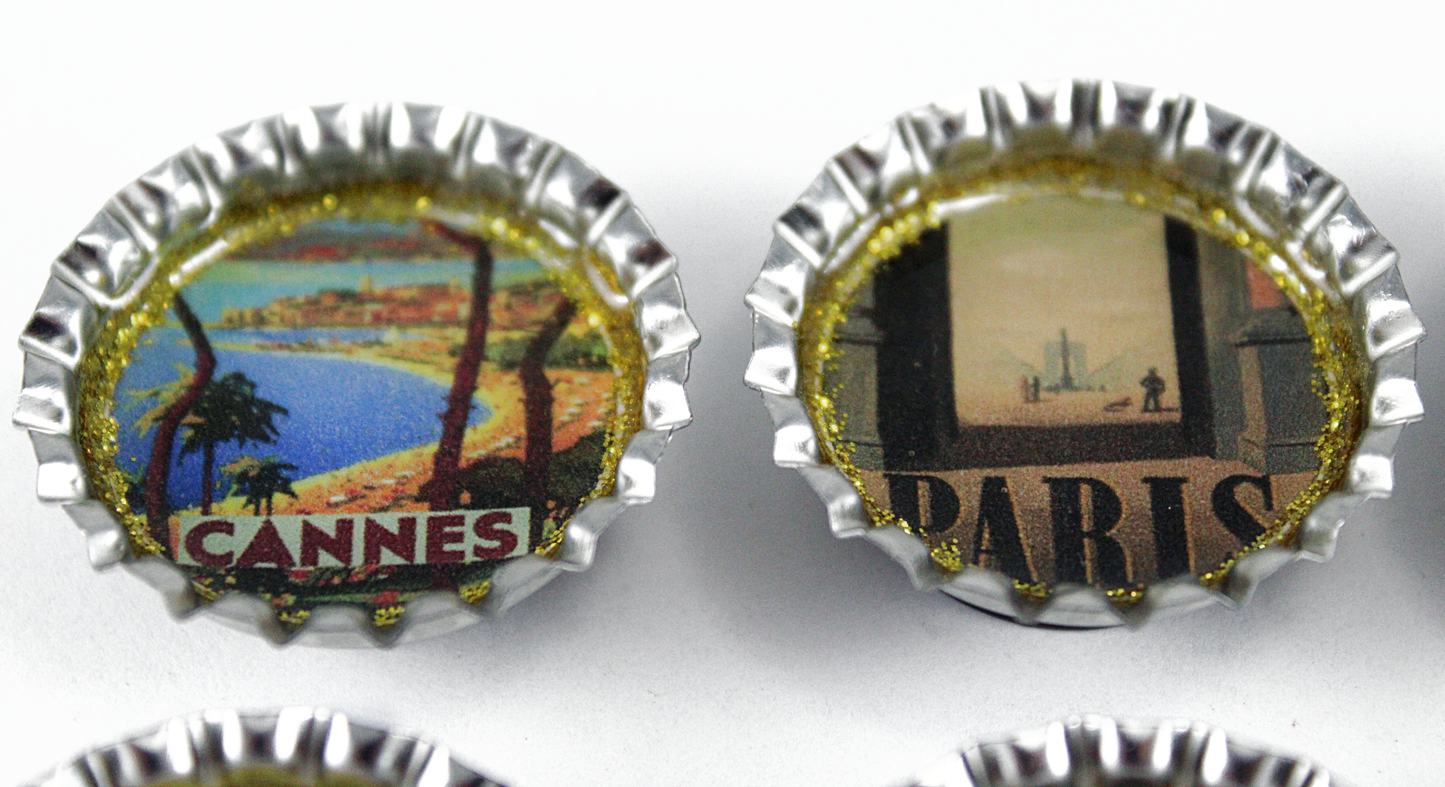 vintage Travel poster Bottle cap magnet set
