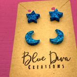 Blue Holographic Moon & Stars Resin Stud Earrings