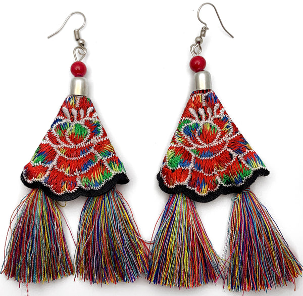 Mexican Embroidered Red Multicolored Tassel Earrings