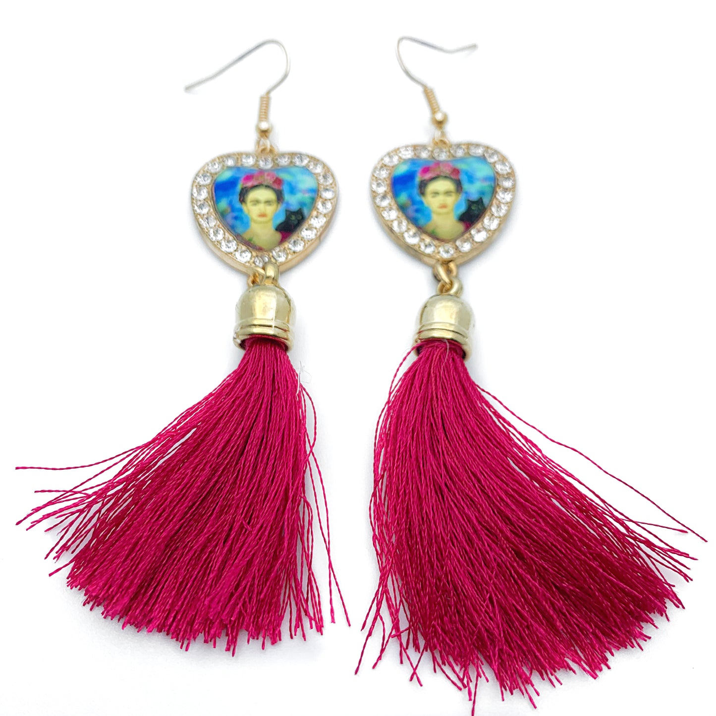Frida Heart Fuchsia Long Tassel Earrings