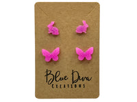 Pink Glitter Bunnies & Butterflies Resin Stud Earrings