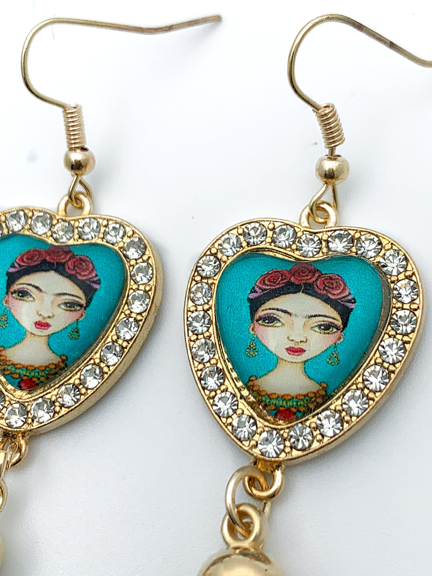 “Frida Heart” Teal Long Tassel Earrings