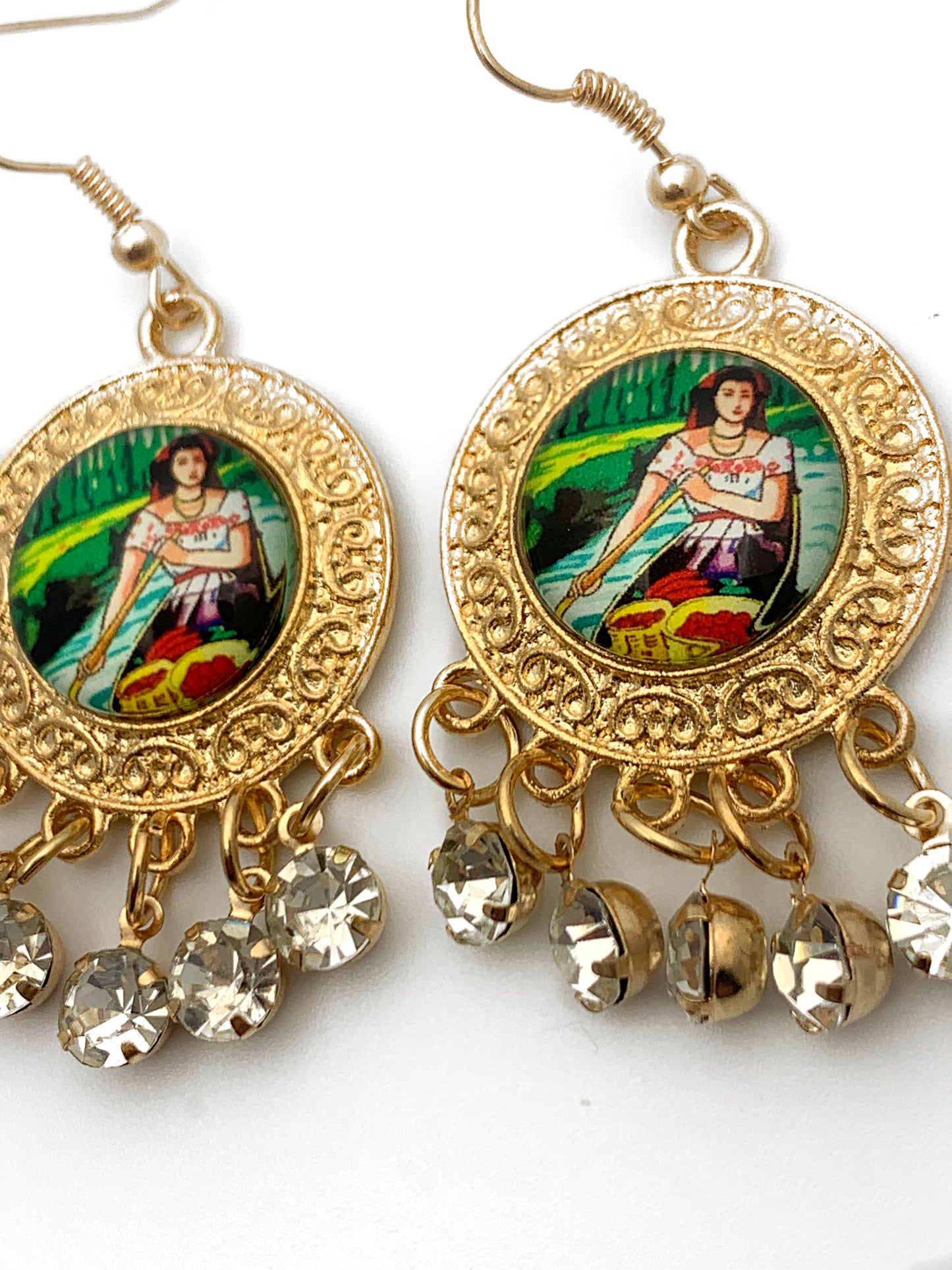 Mexican Loteria La Chalupa Gold Medallion Earrings