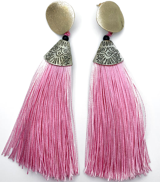 Long Pink Tassel Earrings