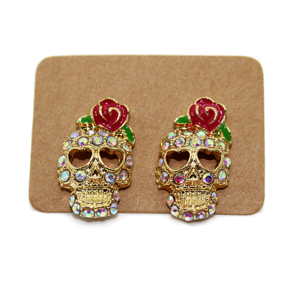 Rhinestone Skull and Rose Earrings