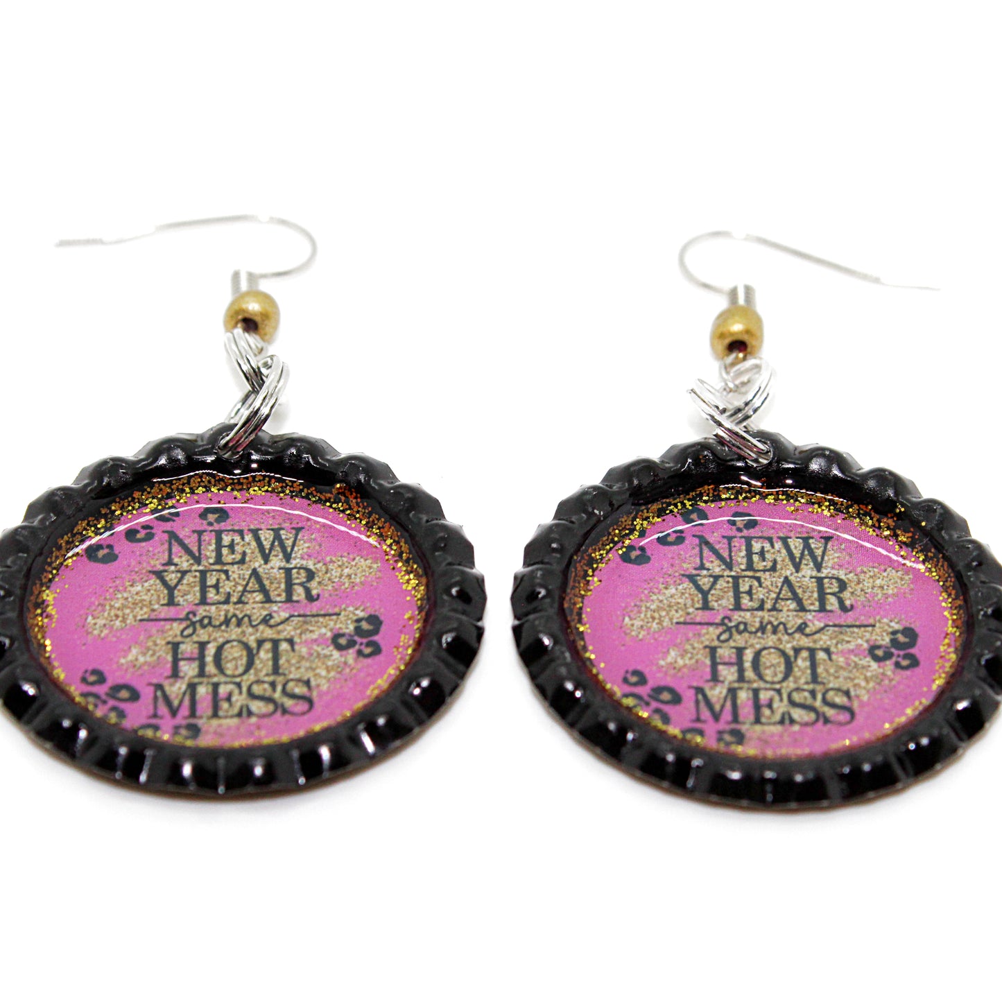 Pink “Hot Mess“ New Year Bottle Cap Earrings