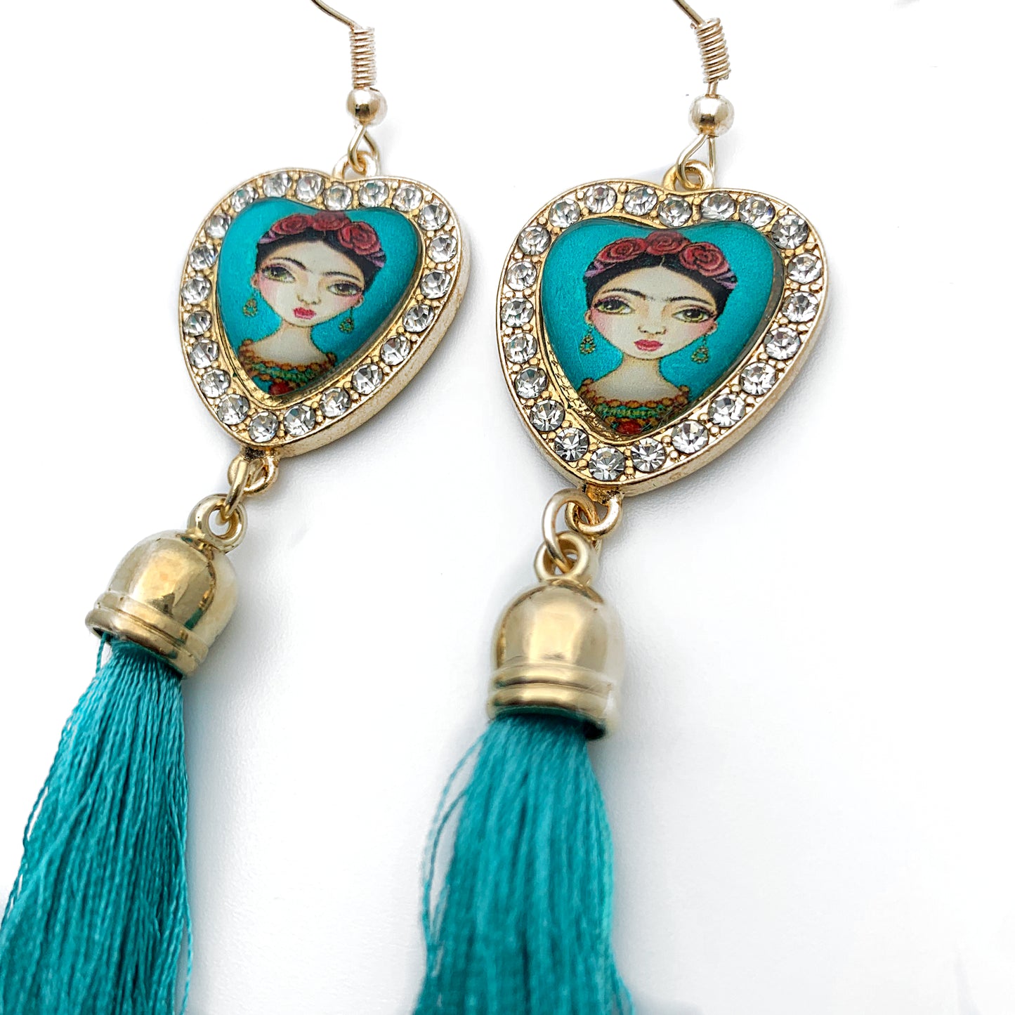 “Frida Heart” Teal Long Tassel Earrings
