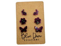 Set of 3 Purple & Black Glitter “Spring” Resin Stud Earrings