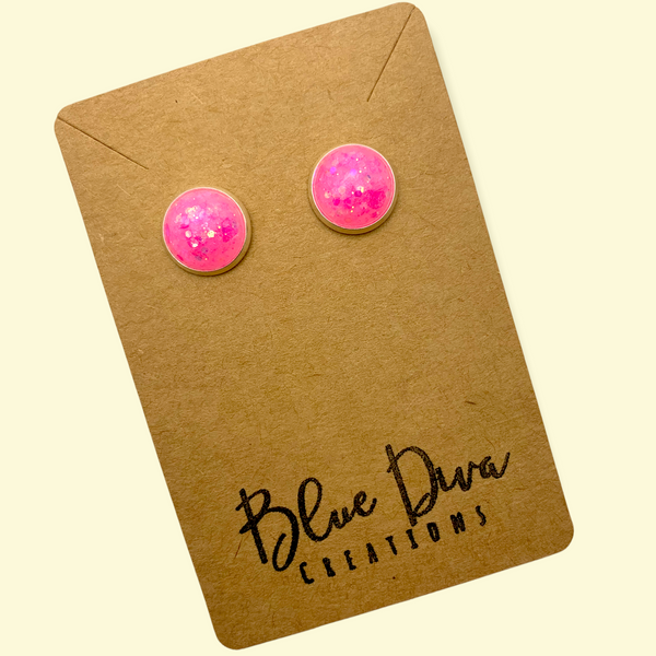 Neon Pink Glitter 12mm Earrings