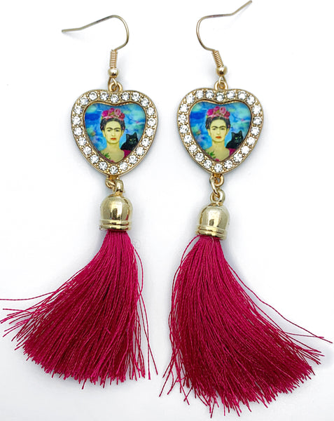 “Frida Heart” Fuchsia Long Tassel Earrings