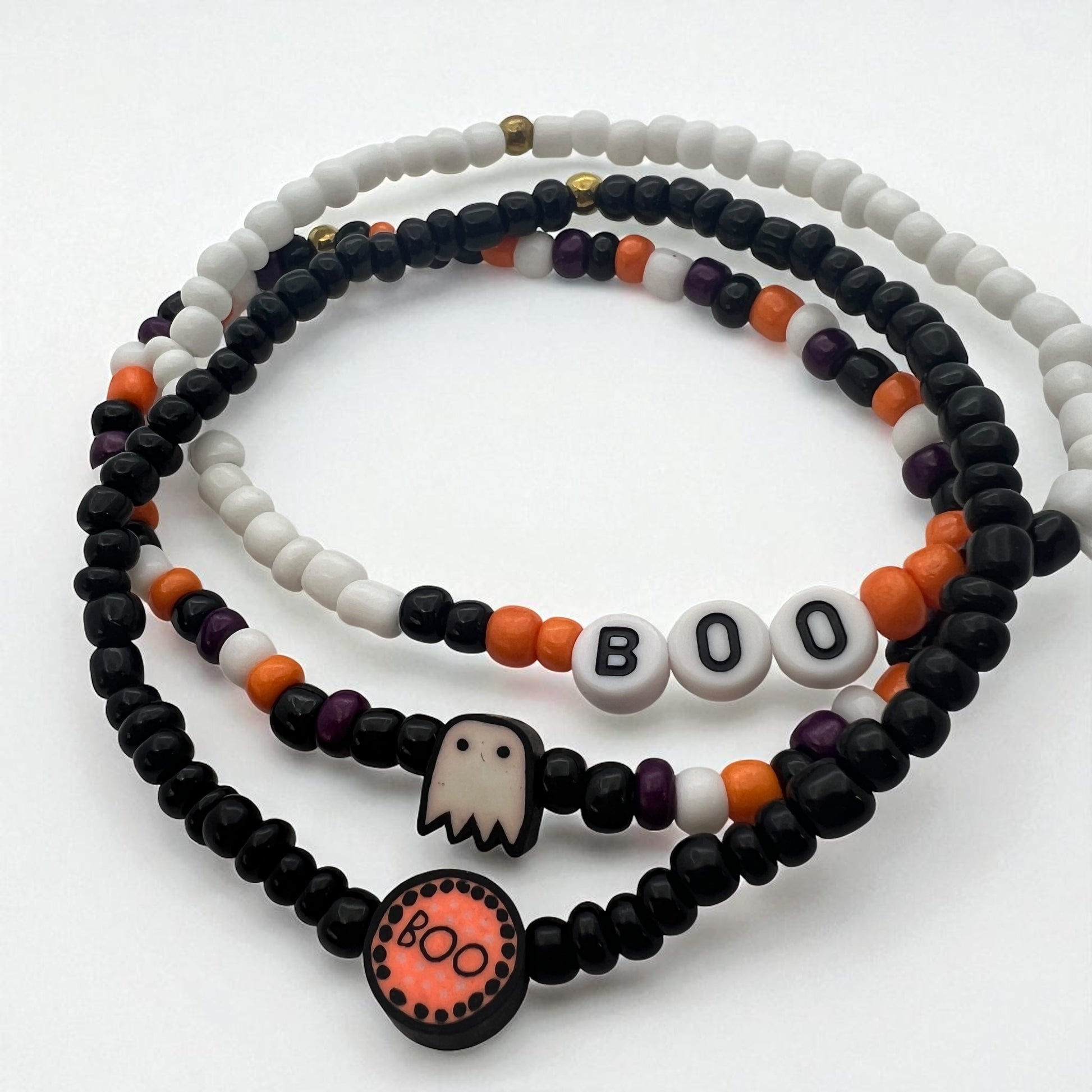 Halloween Beaded Stretch Bracelet Set – Ghost & BOO Charms