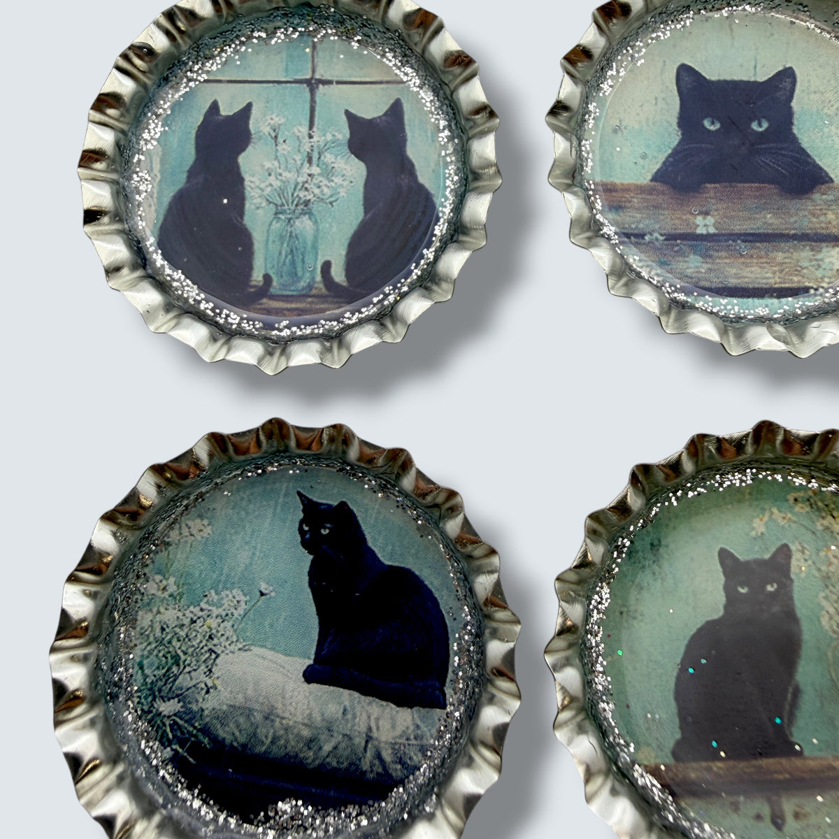 Vintage Black Cat Bottle Cap Magnets