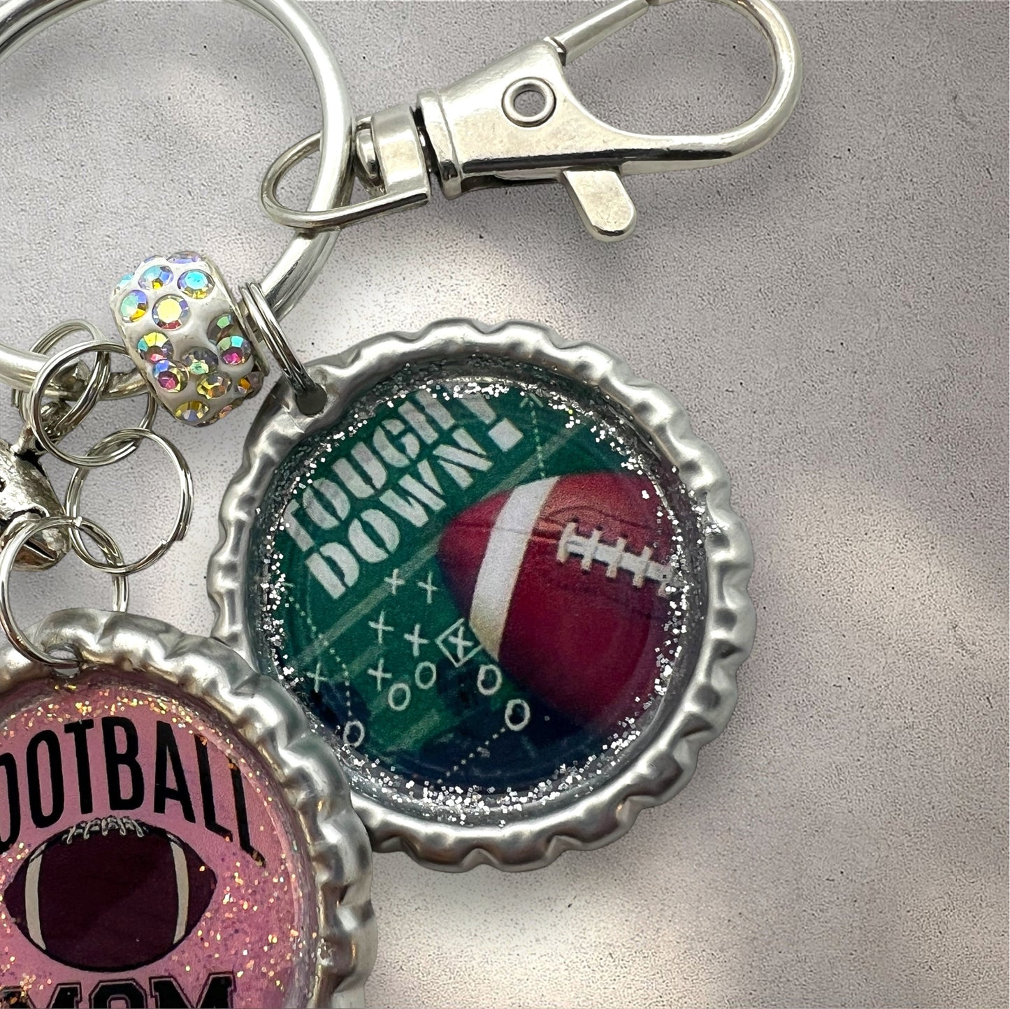 Football Mom & Touchdown Bottle Cap Keychain – Glitter Resin Sports Accessory