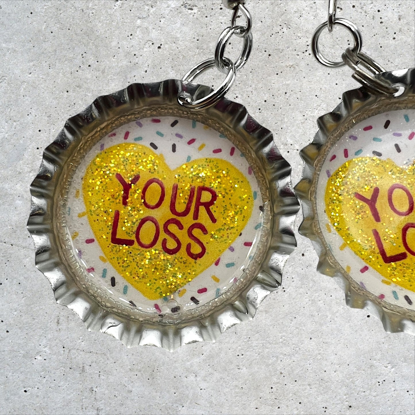 Valentine “Your Loss” Bottle Cap Earrings