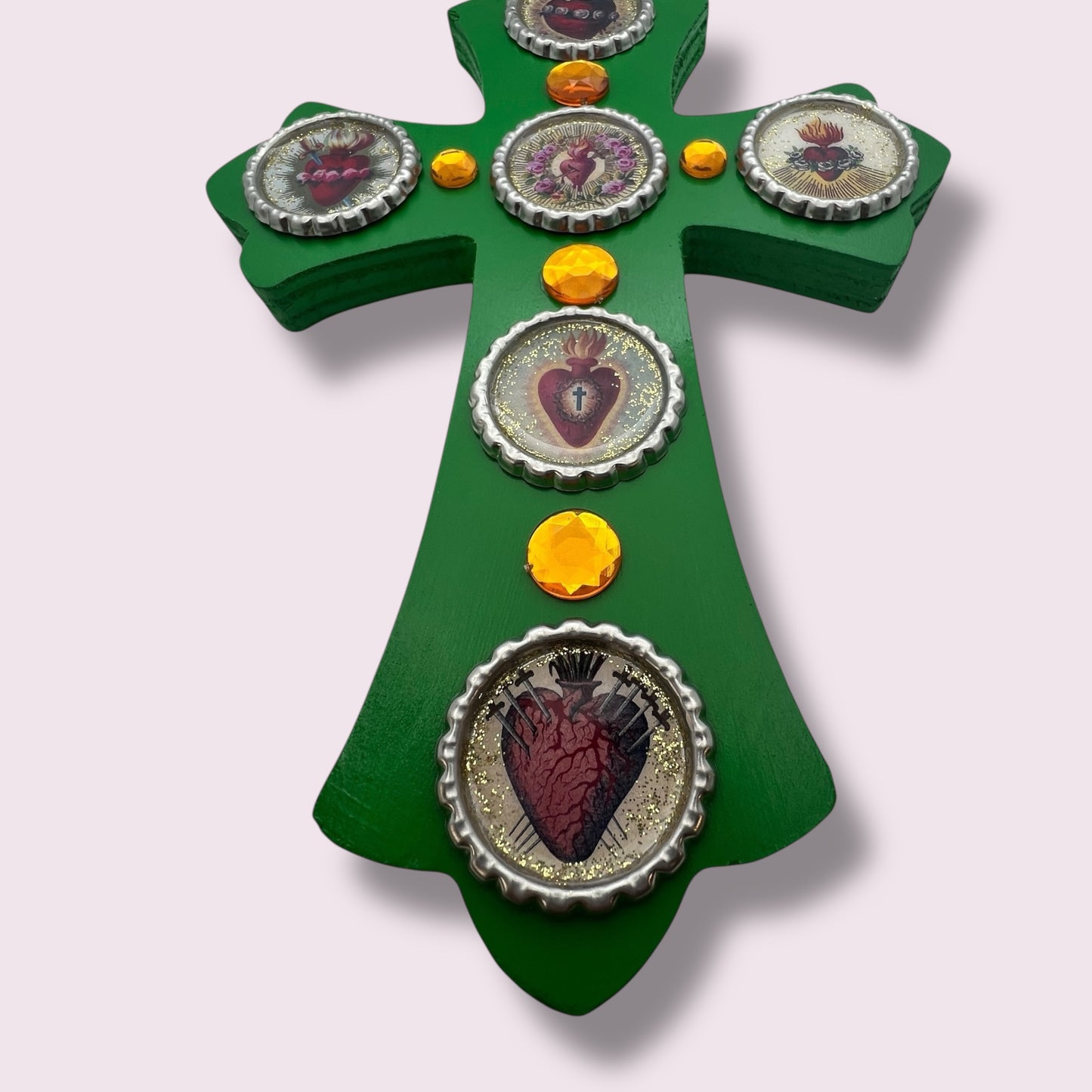 Sacred Heart Wooden Cross – 8” Green Folk Art Cross with Bottle Cap Resin Images & Rhinestones