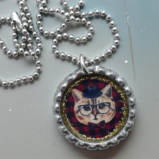 Hipster Cat Bottle Cap Necklace