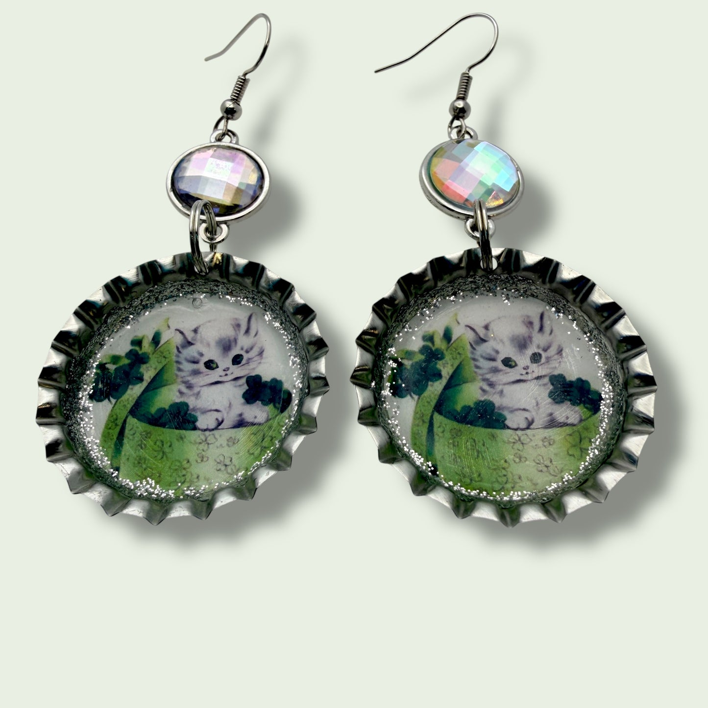 Lucky Kitten Clover Bottle Cap Earrings