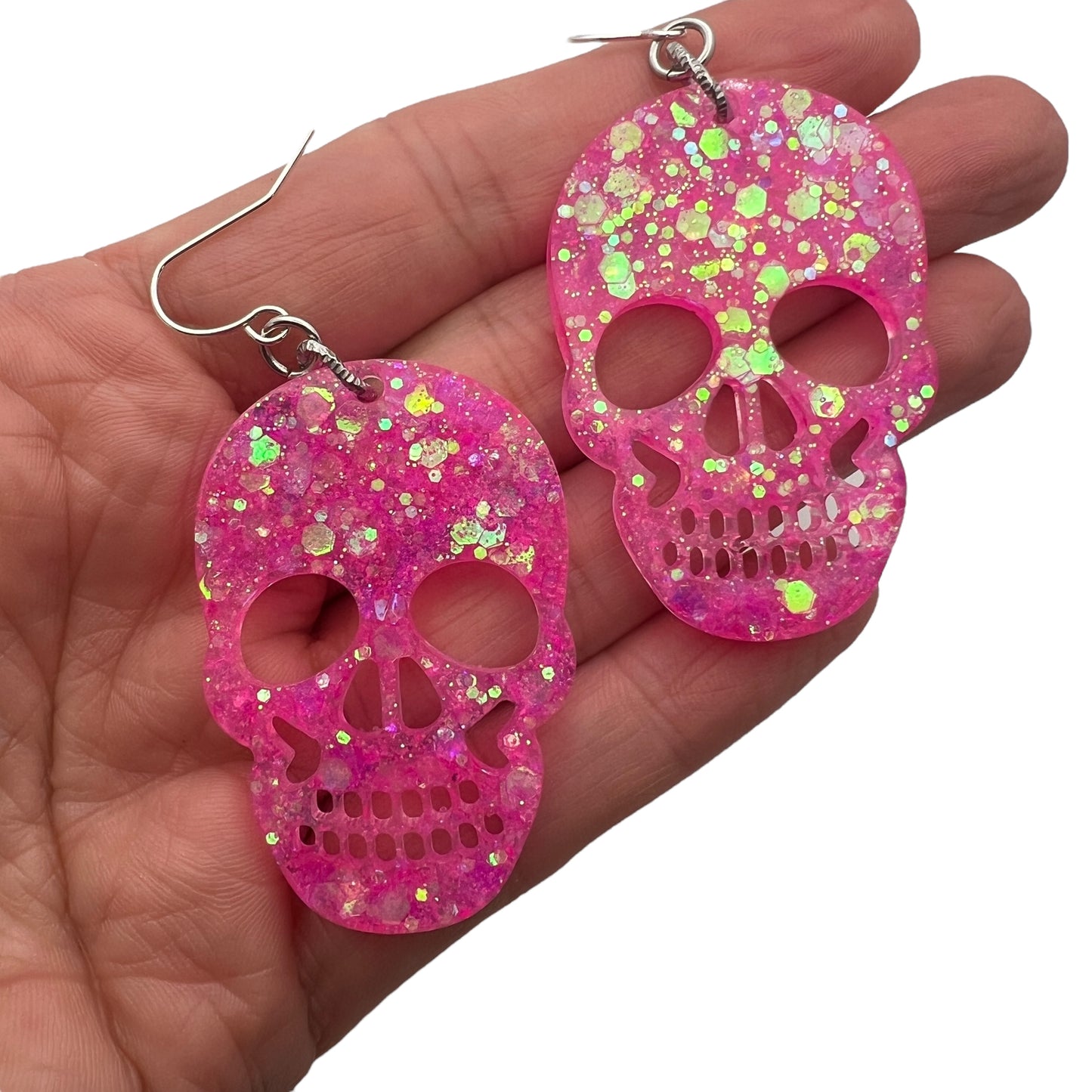 Holographic Pink Resin Glitter Skull 2” Earrings