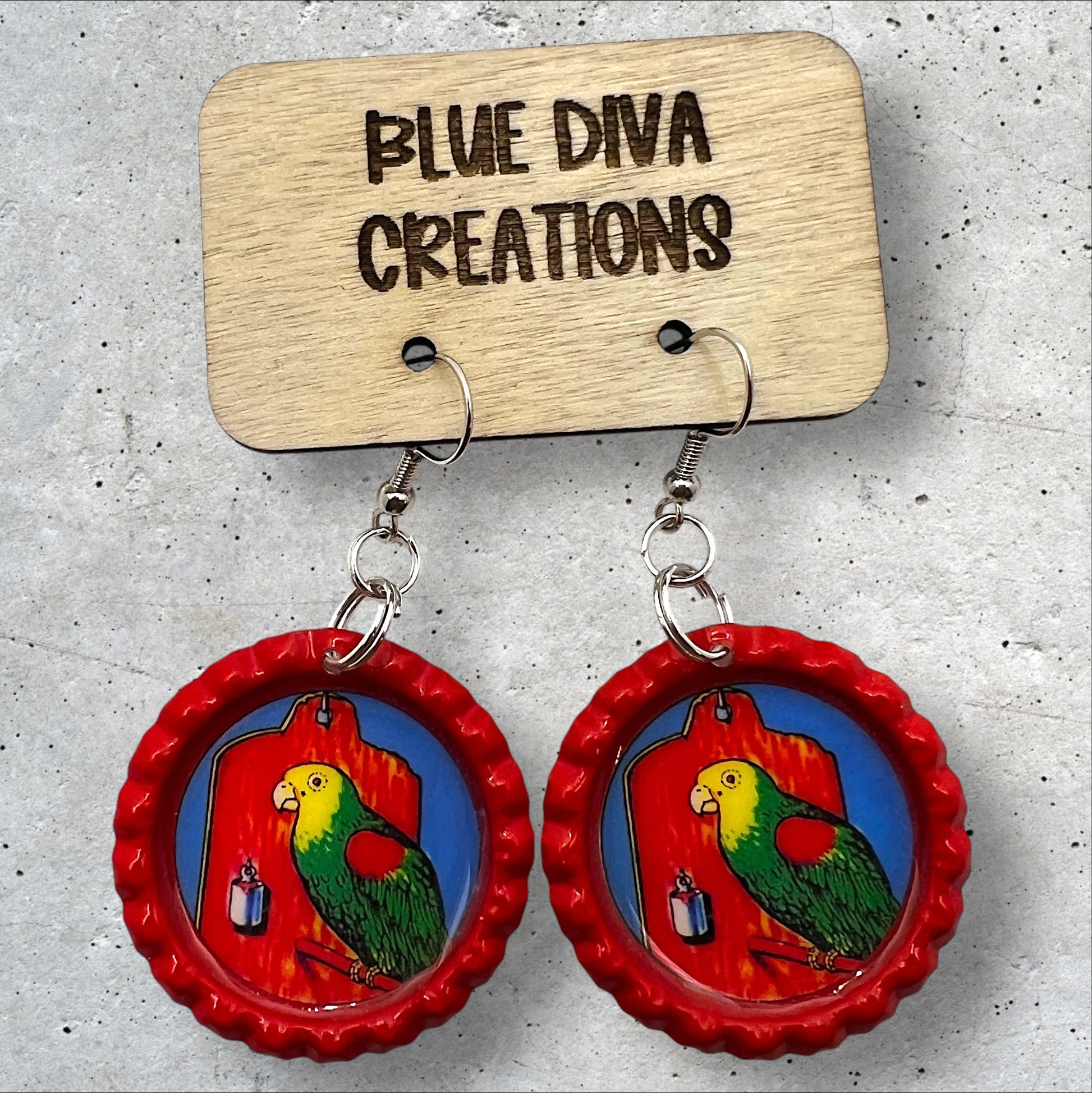 el cotorro Mexican Loteria  red flattened bottle cap earrings