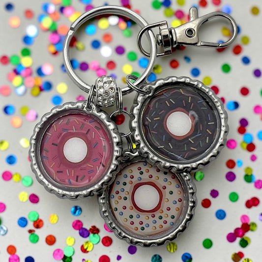 Donut Bottle Cap Keychain – Pink Chocolate Sprinkle Kawaii Dessert Charm