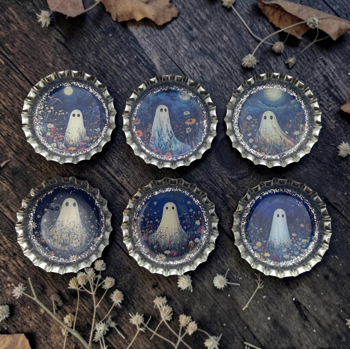 Spooky Floral Ghost Bottle Cap Magnet Set