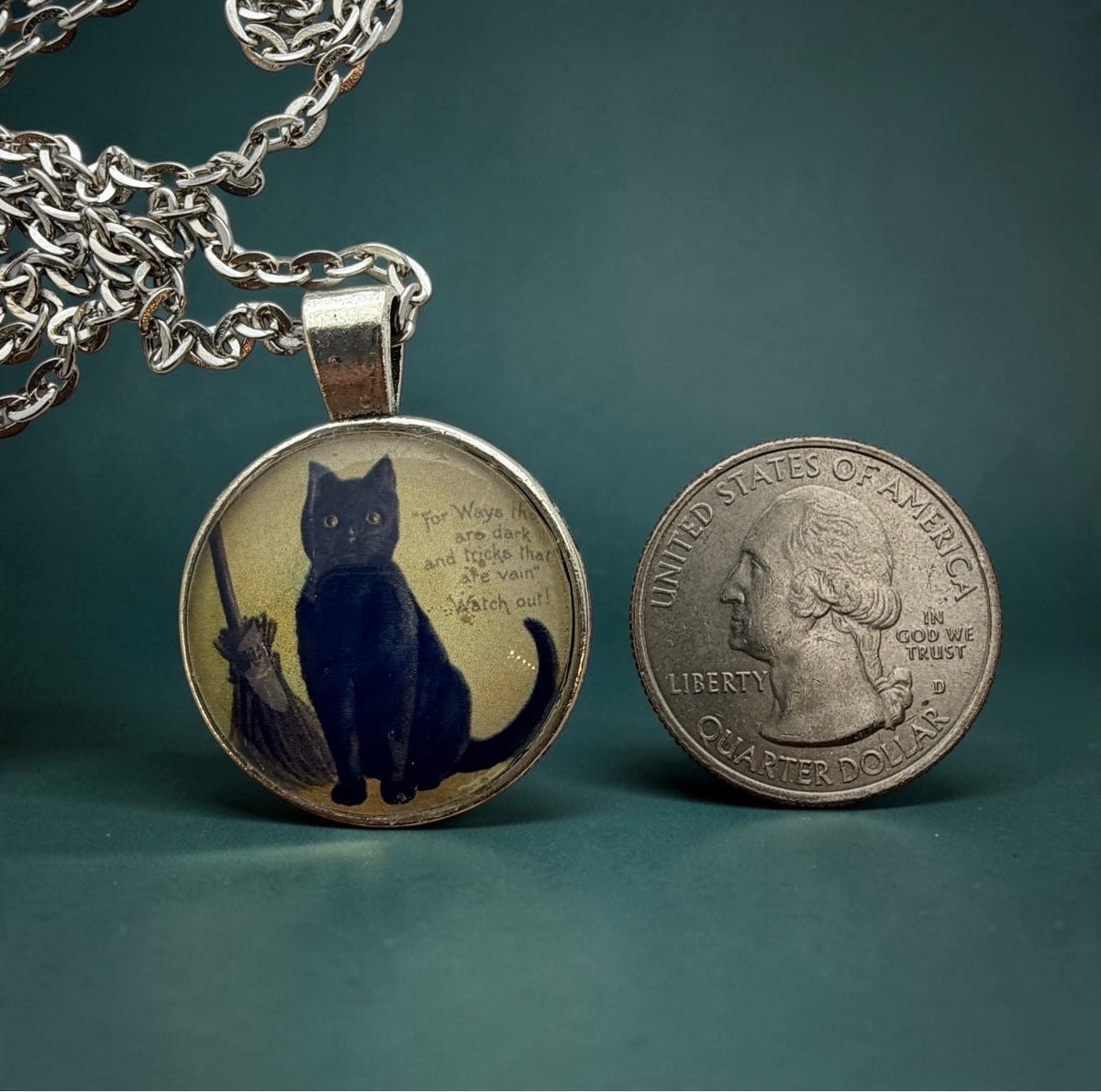 Black Cat Witch Necklace – Vintage Halloween Pendant, 24” Chain