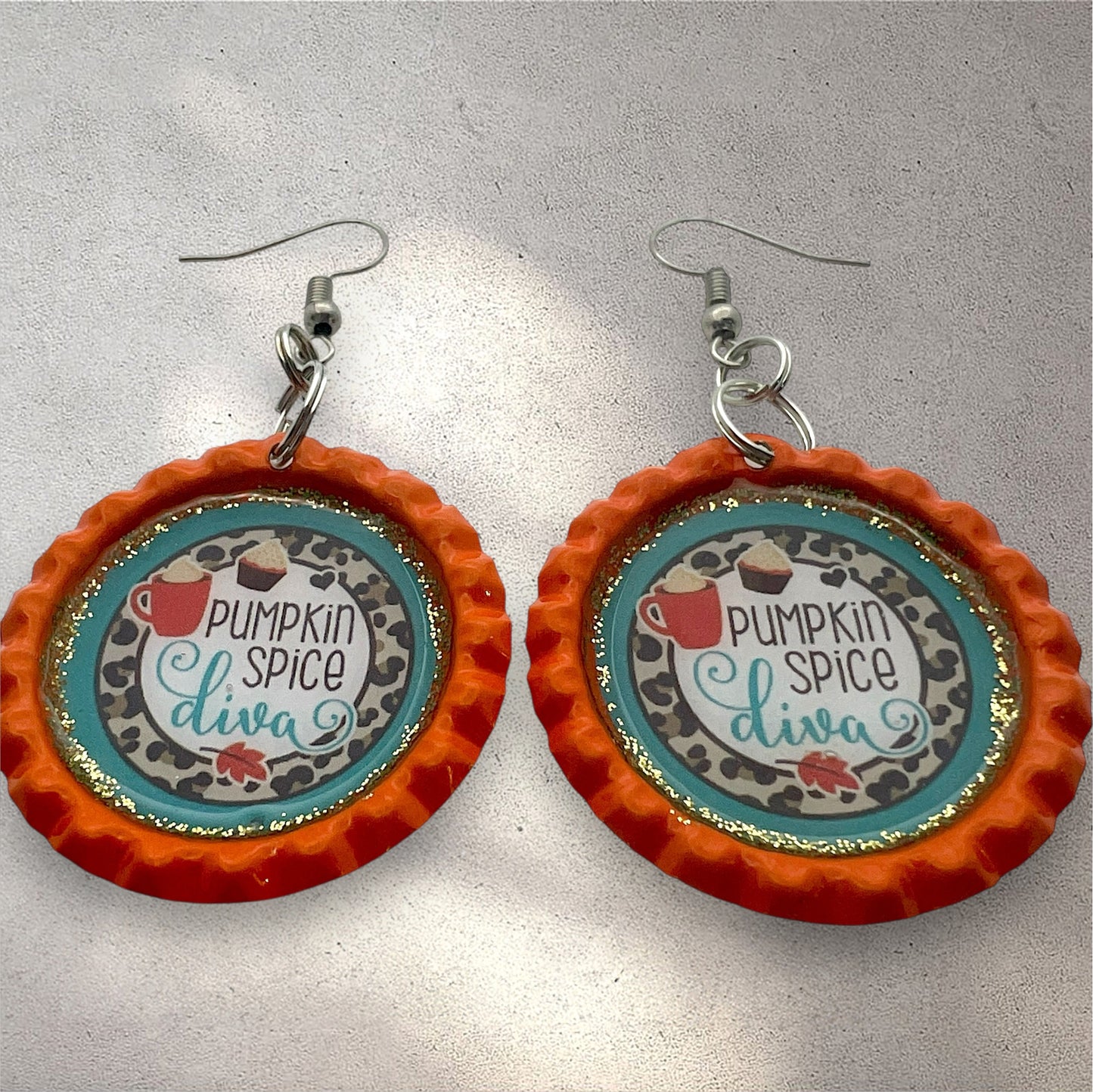 Pumpkin Spice Diva Earrings – Fall Coffee Lover Bottle Cap Jewelry
