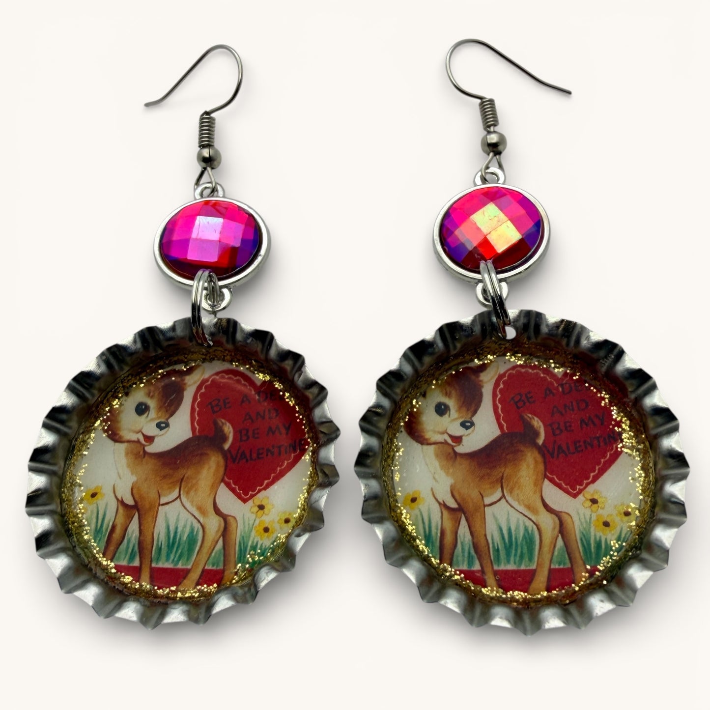 Vintage Valentine Deer Bottle Cap Dangle Earrings