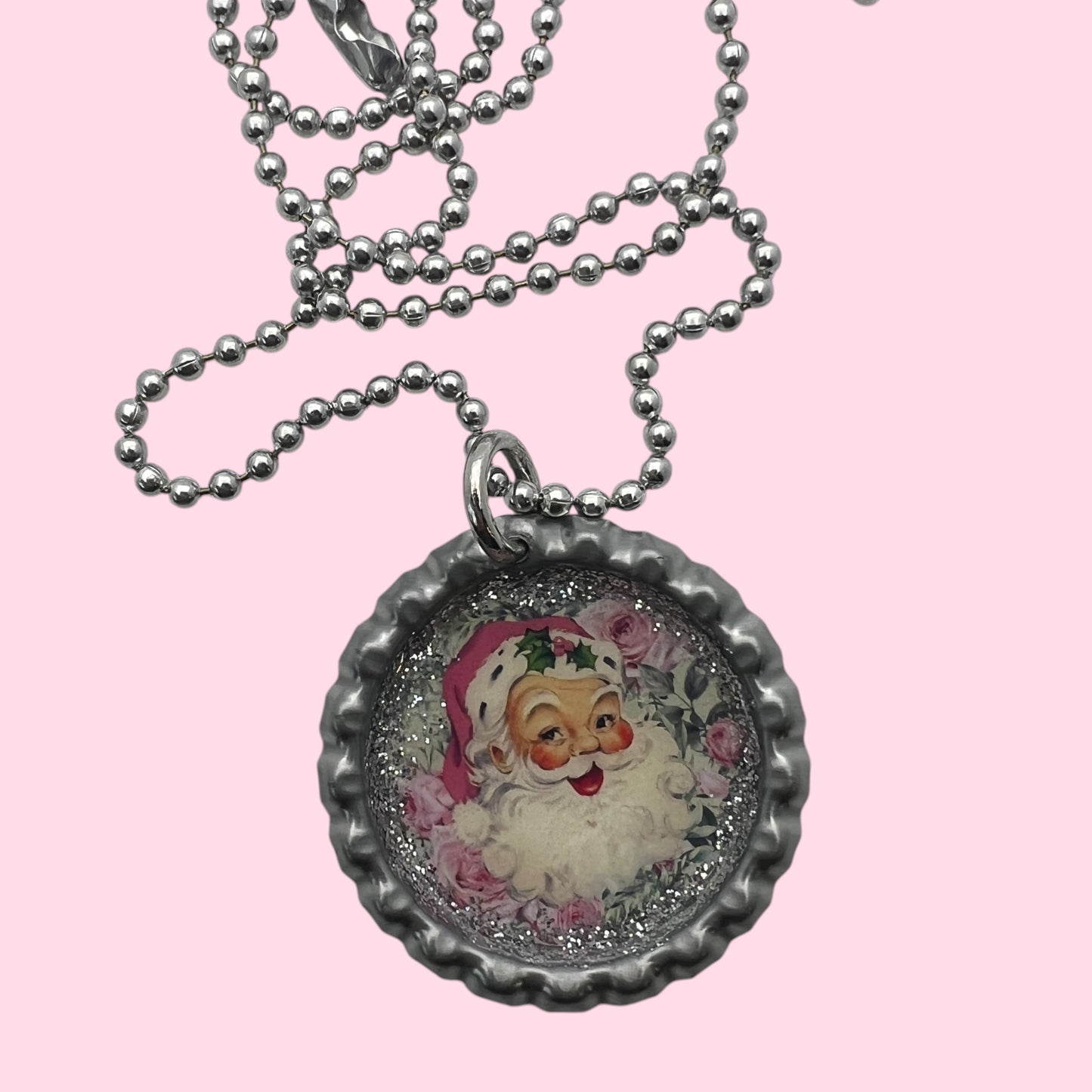 Vintage Pink Santa Bottle Cap Necklace